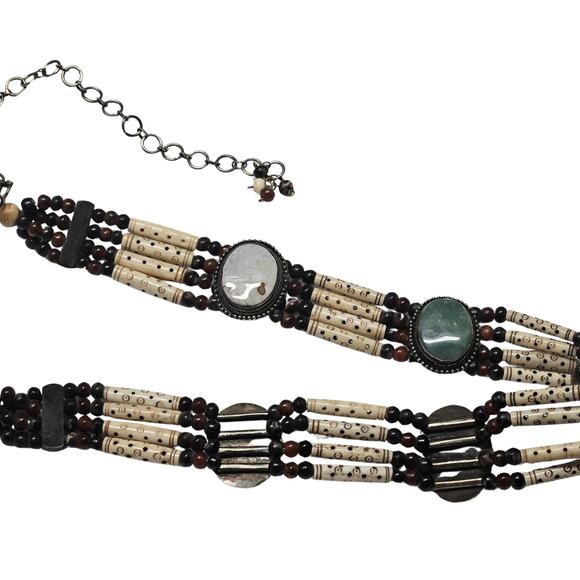 Natural Stone Bohemian Cabachon Concha Belt Carved Bone Beads Four Strands Small - Picture 4 of 12